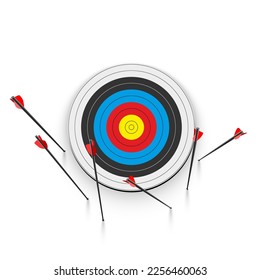 Arrows missed hitting target front view vector illustration isolated on white. Shot miss. Sport game business competition and challenge failure, failed inaccurate attempts metaphor.
