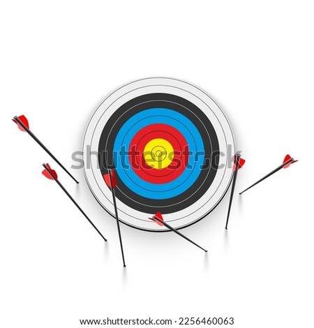 Arrows missed hitting target front view vector illustration isolated on white. Shot miss. Sport game business competition and challenge failure, failed inaccurate attempts metaphor.