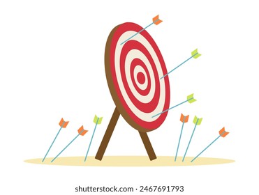 Arrows missed hitting target on white background. Multiple fail inaccurate attempt hit archery goal vector illustration. Concept of business strategy and challenge failure.