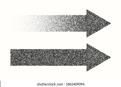 Arrows, monochrome of small dissolving points, noise gradient. Pixel. Stipple. Vector.