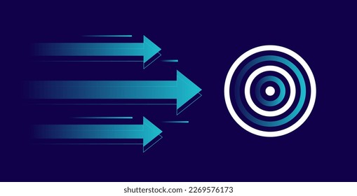 Die Pfeile bewegen sich direkt zum Ziel, einzeln auf dunklem Hintergrund. Design-Konzept des Geschäftsziels, Karriereweg oder Wachstumskonzept. Pfeil rauf, um das Ziel zu erreichen. Vektorgrafik.