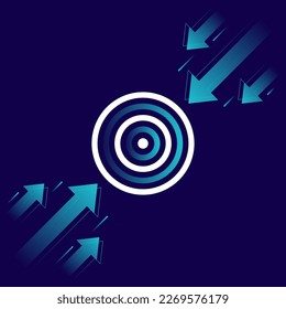 Arrows move straight to the target isolated on dark background. Design concept of business goal, career path or growth concept. Arrow walking up to reach target. Vector illustration.