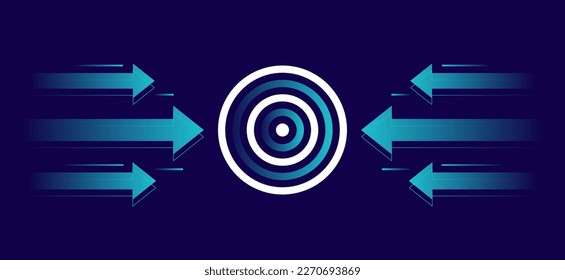 Arrows move straight to the target isolated on dark background. Design concept of business goal, career path or growth concept. Arrow walking up to reach target. Vector illustration.