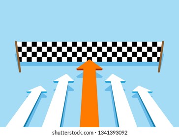 Arrows moving ahead on blue background with orange arrow on the front