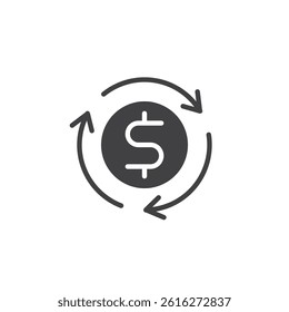 Arrows moving through a dollar sign vector icon. filled flat sign for mobile concept and web design. Cash Flow glyph icon. Income management symbol, logo illustration. Vector graphics