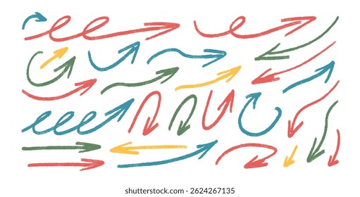 Setas multicores desenhadas à mão conjunto. Crayon ponteiros retos e curvos finos rabiscar elementos conjunto. Seta à mão livre por marcadores. Ilustração vetorial feita a lápis. Gráfico de giz de grunge sobre fundo branco.