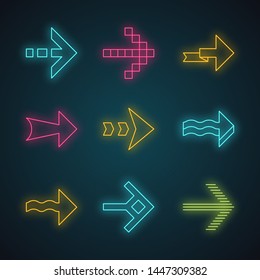 Arrows neon light icons set. Wavy, pixel, folding, striped, dashed next. Navigation pointer, indicator sign. Arrowheads pointing to right direction. Glowing signs. Vector isolated illustrations
