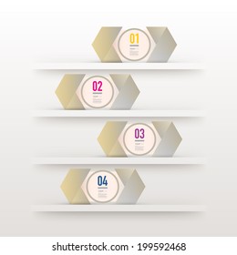 Arrows, numbers and text with realistic 3d bookshelf can be used for workflow layout, diagram, chart, number options, web design. Eps 10 stock vector illustration