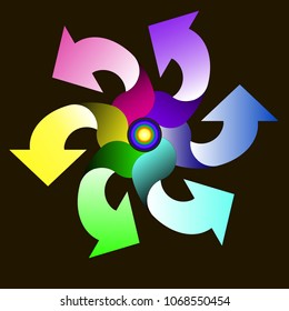 Arrows on a circle of six colors on a black background