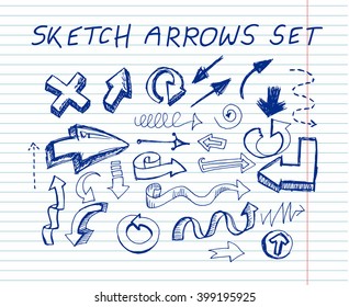 Arrows on copybook background. Free hand drawn. Vector illustration.