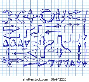 Arrows on copybook background. Freehand drawn. Vector illustration.