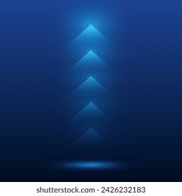 Up arrows on a dark blue background. Business growth, progress in development, statistics of a financial company. Business growth line diagram with an up arrow. The concept of investment growth