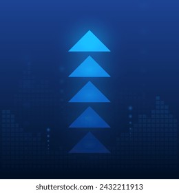 Up arrows on a dark blue background. Business growth, progress in development, statistics of a financial company. Business growth line diagram with an up arrow. The concept of investment growth. Vecto