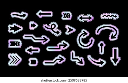 Arrows on holographic background. Set of cursors, pointers, navigations buttons in different shapes. Gradient stickers. Futuristic way icon. Vector illustration.
