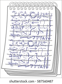 Arrows on notebook background. Freehand drawn. Vector illustration.