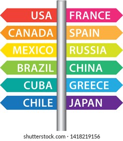 Arrows on road sign indicating multiple countries. Colorful vector illustration.