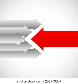 Arrows in opposite directions against each other. Opposition, resistance concepts. Red and white arrows.