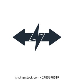Flechas en direcciones opuestas y relámpagos. Icono del vector aislado en fondo blanco.