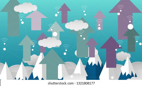 Arrows up Optimization coreless communication network for business on winter mountain landscape. 