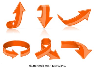 Arrows. Orange shiny signs. Vector 3d illustration isolated on white background