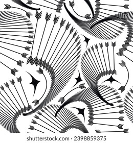 Arrows ornamental modern abstract black and white seamless pattern. Beautiful vector background with trendy ornaments, stripes, lines, arrows, curves. Hand drawn decorative isolated endless design. 
