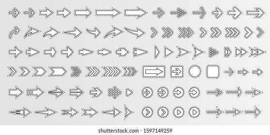Arrows with outline borders and shadows, paper monochrome sticker pack, vector icon set. Simple design template for web, advertising, business, presentation and other design projects.