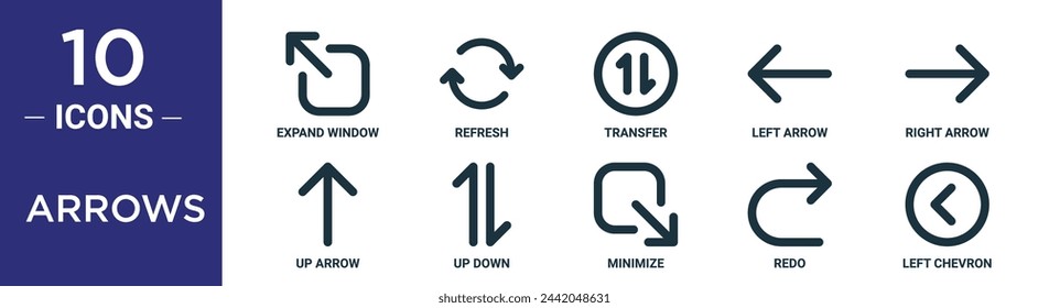 arrows outline icon set includes thin line expand window, refresh, transfer, left arrow, right arrow, up arrow, up down icons for report, presentation, diagram, web design
