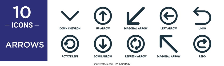 arrows outline icon set includes thin line down chevron, up arrow, diagonal arrow, left arrow, undo, rotate left, down icons for report, presentation, diagram, web design