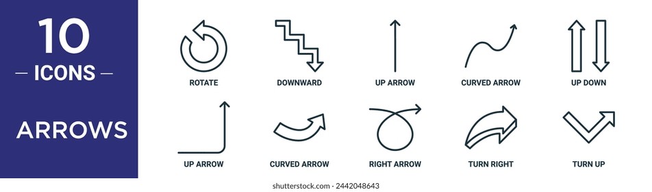 el conjunto de iconos de contorno de flechas incluye rotación de línea fina, flecha hacia abajo, flecha hacia arriba, flecha curvada, flecha hacia arriba, flecha hacia abajo, flecha hacia arriba, iconos curvados para el informe, presentación, diagrama, diseño web