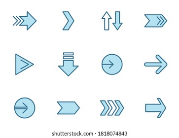 Arrows outline vector icons in two colors isolated on white background. Blue arrows icon set for web design, mobile apps, ui design and print.