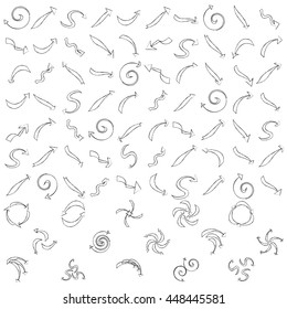 Arrows painted handle. Set of black pointers. A collection of cursors. Icon design elements of progress. Group of recycling symbols. Vector illustration.