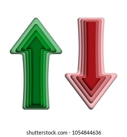 Arrows in paper cut style. Vector illustration. Up green arrow and down red arrow, isolated