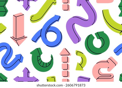 Arrows pattern, seamless background. Repeating print, endless design with curved twisted direction shapes. Printable texture with funny computer cursors, navigation elements. Flat vector illustration