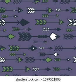 Arrows pattern in tribal style on violet background, outline vector illustration.