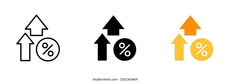 Up arrows with percent sign. Growth of shares, shop, rise in price, trade, stock exchange, currency, money, spending. Vector set icon in line, black and colorful styles isolated on white background