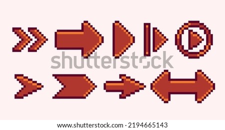 Arrows pixel art set. Play, next, forward buttons collection. 8 bit sprite. Game development, mobile app.  Isolated vector illustration.