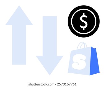 Arrows point up and down next to a dollar sign coin and a blue shopping bag with an S symbol. Ideal for finance, economy, e-commerce, shopping trends, and market performance. Simple vector style