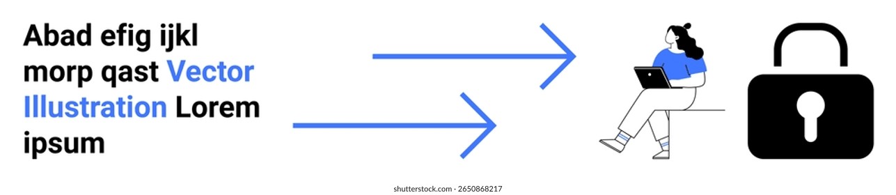 Arrows point towards a woman on a laptop, leading to a lock icon. Ideal for data protection, cybersecurity, online security, digital privacy, safe browsing, secure communication, and technology