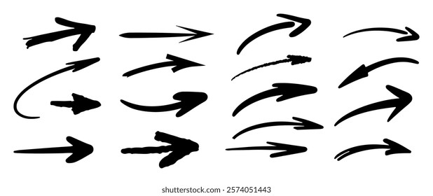 Arrows and pointers for doodles and sketches. Vector charcoal, pencil or pen hand drawn element icon for checklists and pointing, showing emphasis. Swirly shapes and lines to right side