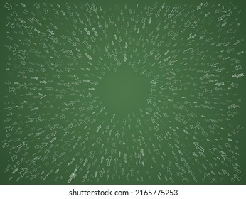 Arrows Pointing to the Center Chalk Sketch Doodle on Green Blackboard. Focus on Your Goal Target. Back to School Focus Concept. Radial Lines Design Element. Vector Illustration.