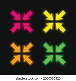 Arrows Pointing To Center four color glowing neon vector icon