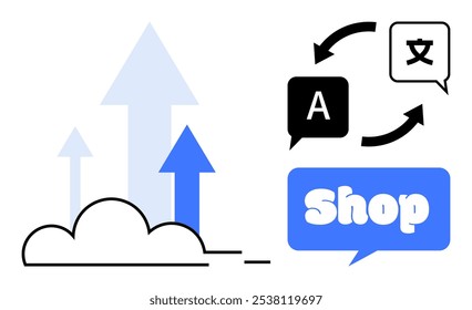 Flechas apuntando hacia arriba desde una nube, que representan el crecimiento y el éxito en el comercio electrónico. Las burbujas de voz con símbolos de idioma significan servicios de traducción. Ideal para comercio electrónico, negocios globales, en línea