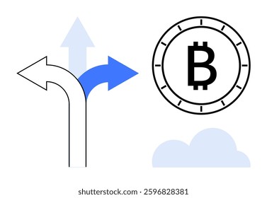 Arrows pointing in different directions with Bitcoin symbol and cloud. Ideal for finance, technology, innovation, digital currency, decision-making, future of money, blockchain. Line metaphor