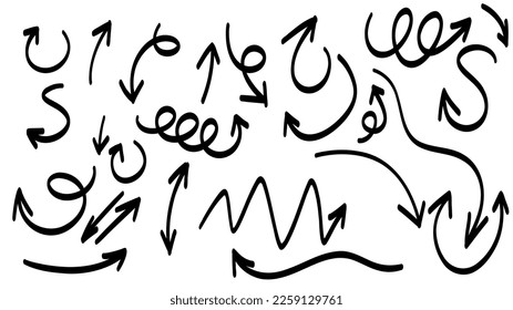 Arrows pointing in different directions handwritten calligraphy  set ,Hand drawn design elements , Flat Modern design isolated on white background ,Vector illustration EPS 10