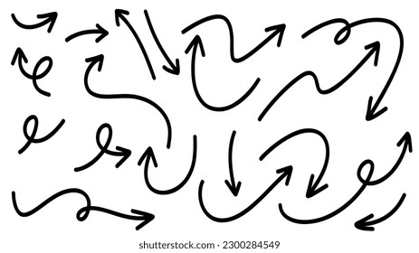 Flechas apuntando en diferentes direcciones conjunto de caligrafía manuscrita, elementos de diseño dibujados a mano, diseño plano moderno aislado en fondo blanco ,Ilustración vectorial EPS 10