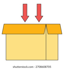 Arrows Pointing Down at Cardboard Box isolated on white background