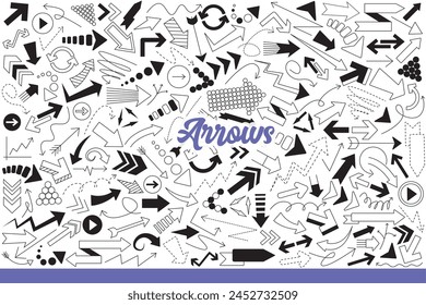 Arrows pointing up and down or to sides, taking on different shapes and statistical charts. Background of straight or wavy arrows for web design, presentations and infographics. Hand drawn doodle