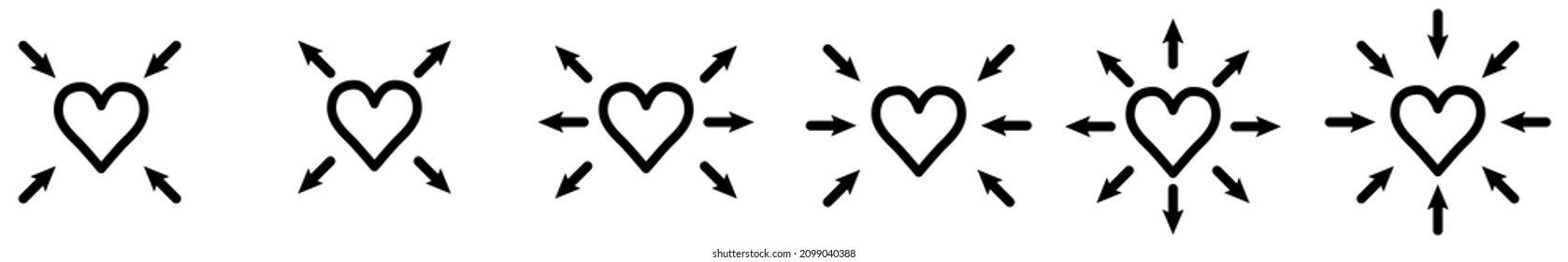 Arrows pointing to heart icon. Concept of love or cardio health importance. Version with outward and inward points