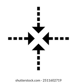 Setas apontando para dentro Linhas pontilhadas convergem. Símbolo de direção minimalista. Gráfico em preto e branco.
