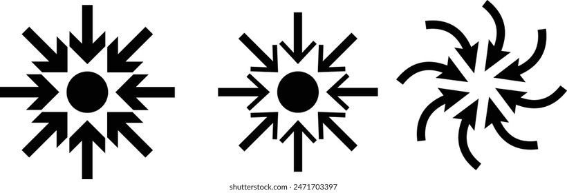 Flechas apuntando hacia dentro. Radial, flechas radiantes, punteros eps 10.